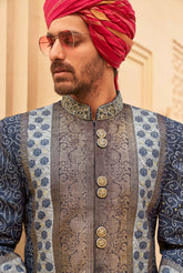 Exclusive latest Royal Blue designer mens indowestern sherwani kurta in pure pv silk and foil inspired with handwork